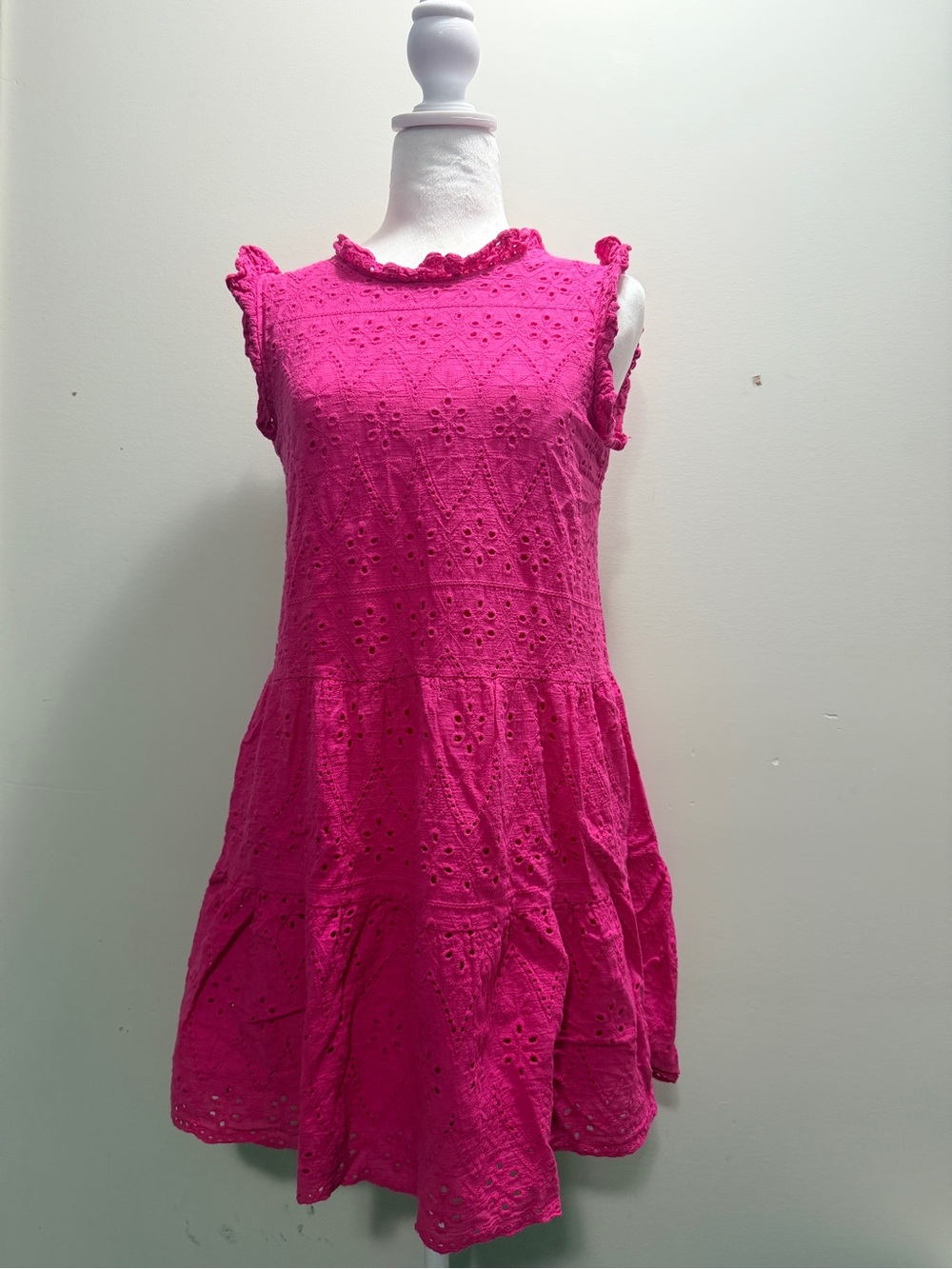 Eunice Bright Fuchsia Eyelet Ruffle Neck Sleeveless Dress
